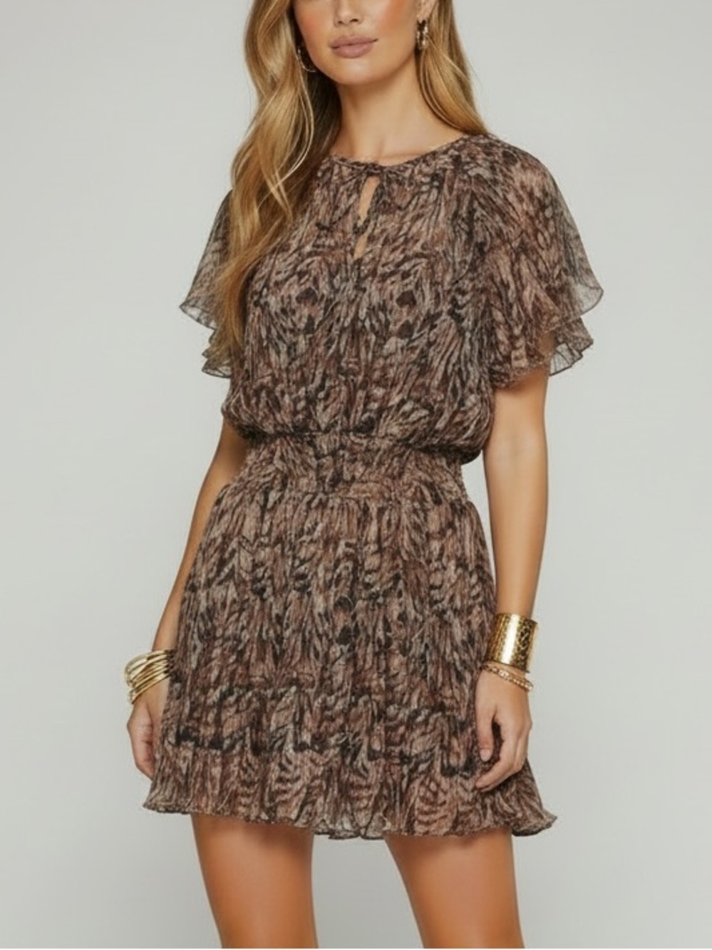 NWT RAMY BROOK Brown Pattern Short Sleeve Smocked Waist Ruffle Dress Size Small